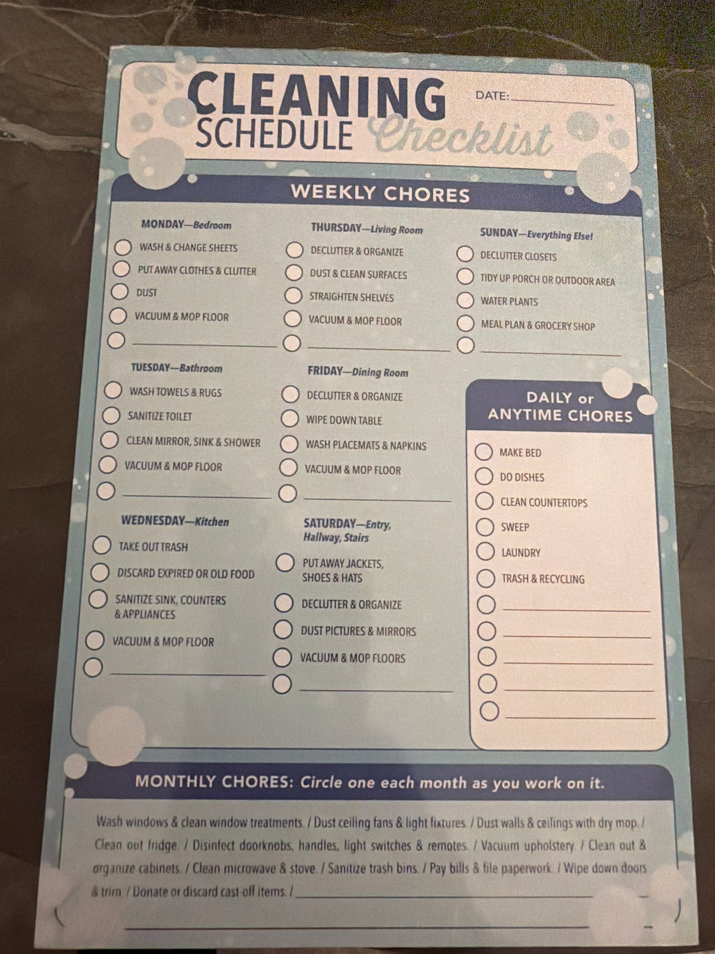 Cleaning schedule checklist