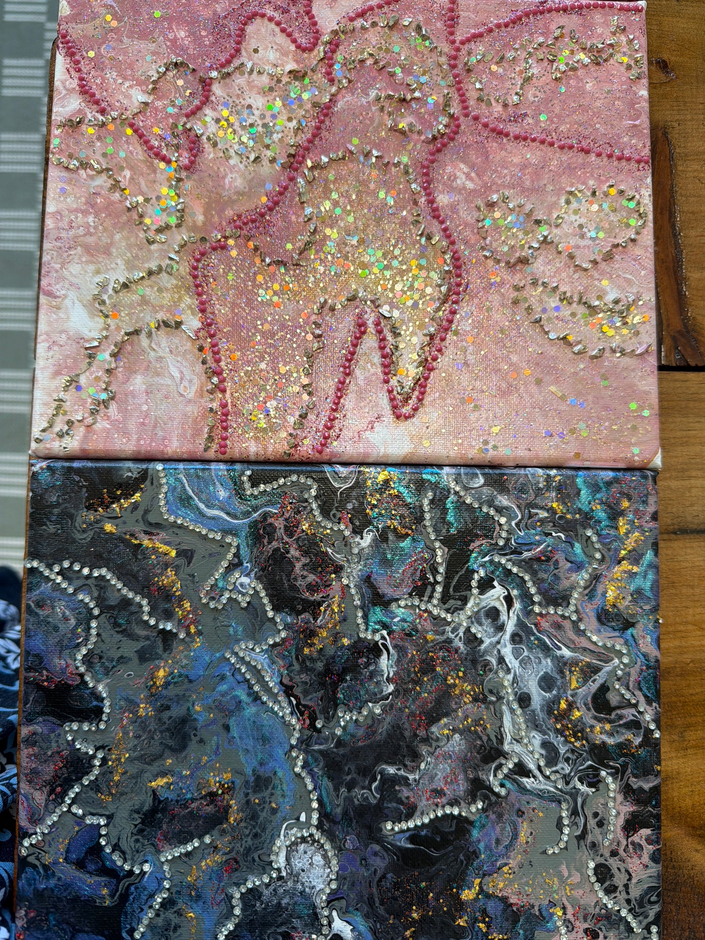 Pour painting with Glitter, gems and beads by Elizabeth