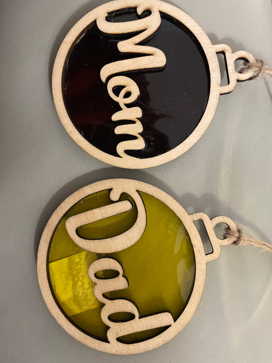 Mom and dad wood and stained glass ornament