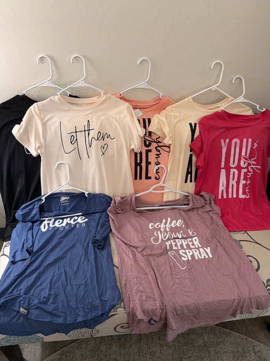 Tshirts- fierce fighter, let them, you are enough, coffee Jesus and pepper spray- damsel in defense