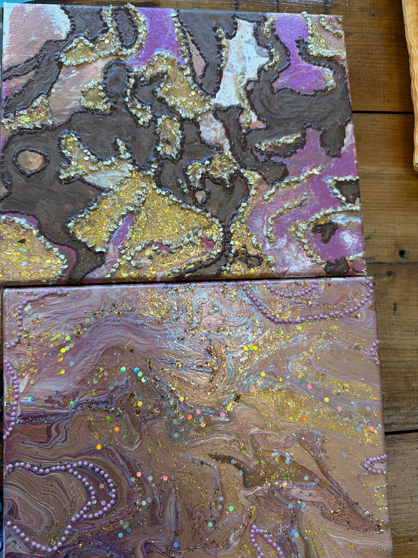 Pour painting with Glitter, gems and beads by Elizabeth