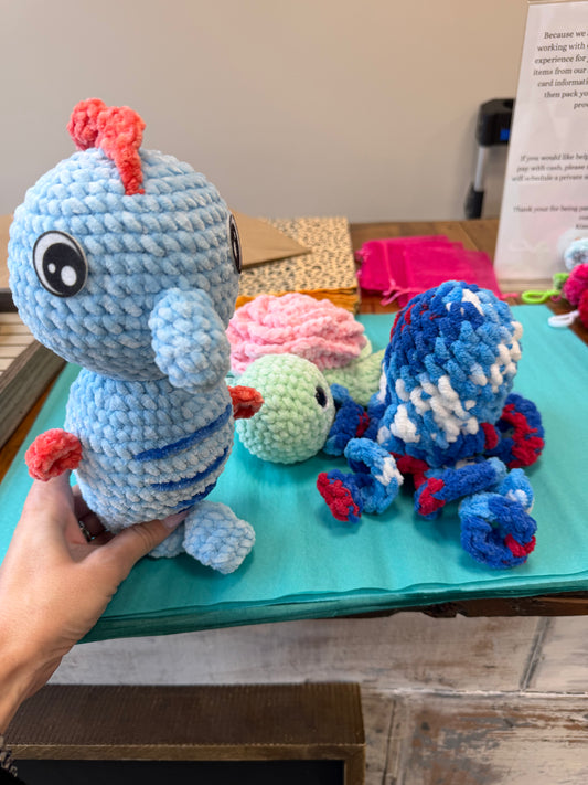 Crocheted sea animals turtle, seahorse, octopus